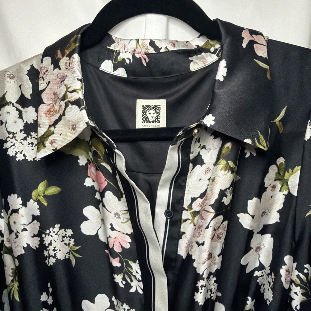 Anne Klein Women 12 Black Floral Shirt Dress Long Sleeve Belted Ruffle Hem - Picture 2 of 9